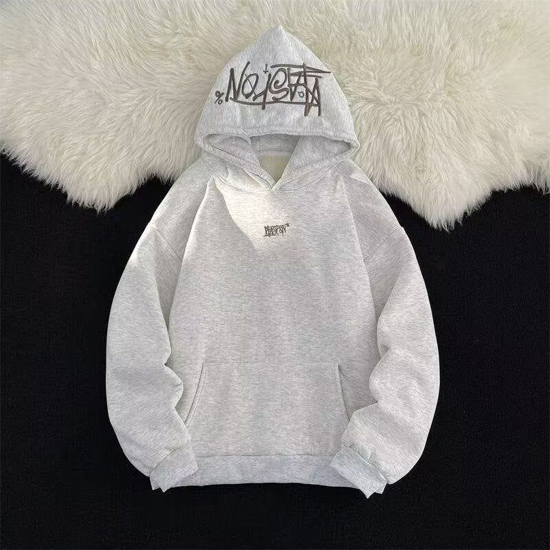 Heavy Industry Letter Embroidery ~ Hooded Sweatshirt Men'S Heavy Fleece-Lined High Street American Loose All-Match Fashion Boys - Image 1