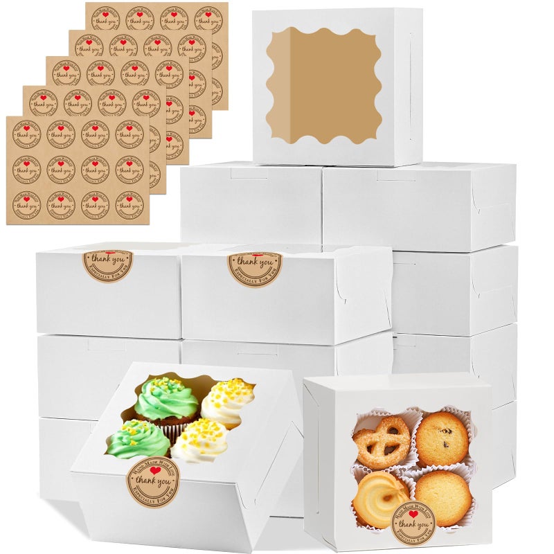 LTWQLing 50pcs White Cookie Boxes,4x4x2.5 Inches Bakery Boxes with Window,with Stickers, for Mini Cake Treat Dessert Pastry Donuts Macaroon Strawberries Chocolate Candy - Image 1