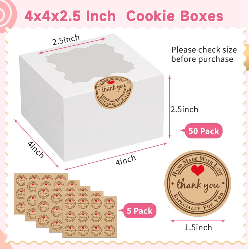 LTWQLing 50pcs White Cookie Boxes,4x4x2.5 Inches Bakery Boxes with Window,with Stickers, for Mini Cake Treat Dessert Pastry Donuts Macaroon Strawberries Chocolate Candy - Image 2