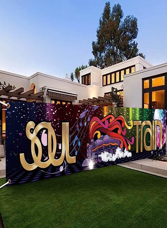 DOTOOMA 118 x 20 Inches 70s 80s Train Theme Yard Door Banner Sign Disco Party Decoration Banner Neon Light Flash Newborn Baby Show Birthday Party Cake Table Decoration Banner - Image 1