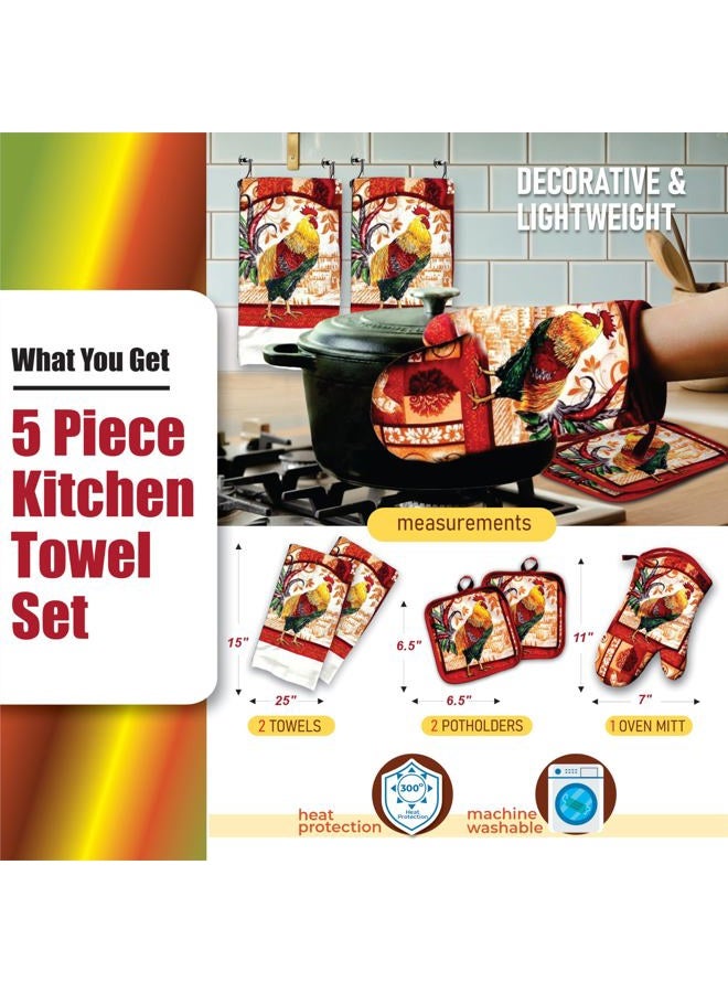 Lobyn Value Packs : Decorative & Functional Rustic Rooster Kitchen Set – 5 Pieces, Perfect for Farmhouse Décor Set Includes 2 Dish Towel 2 Pot Holders 1 Oven Mitt | Kitchen Towel Set for Daily Use - Image 2