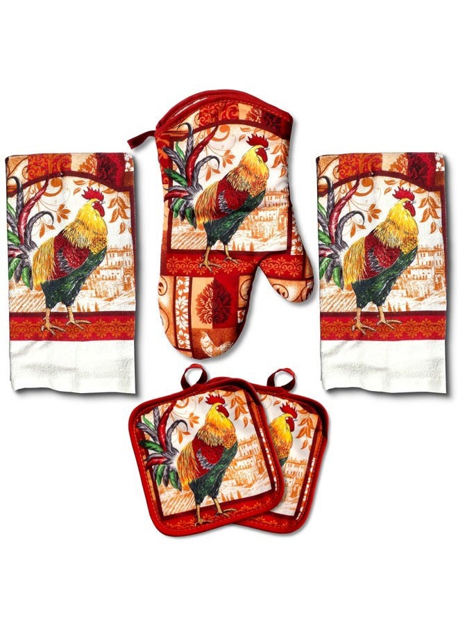 Lobyn Value Packs : Decorative & Functional Rustic Rooster Kitchen Set – 5 Pieces, Perfect for Farmhouse Décor Set Includes 2 Dish Towel 2 Pot Holders 1 Oven Mitt | Kitchen Towel Set for Daily Use - Image 1