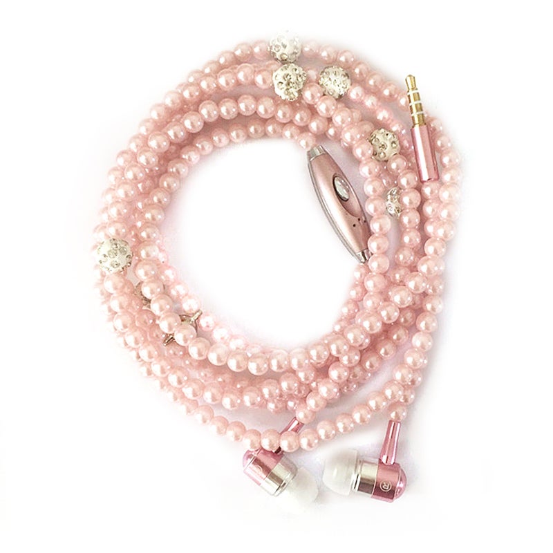 3.5mm In-ear Wired Headphones Pink Magnetic Clasp Necklace Design - Crystal Stereo Sound Built-in Microphone Jewelry Earphones for Girls Ladies Gift Giving - Image 1