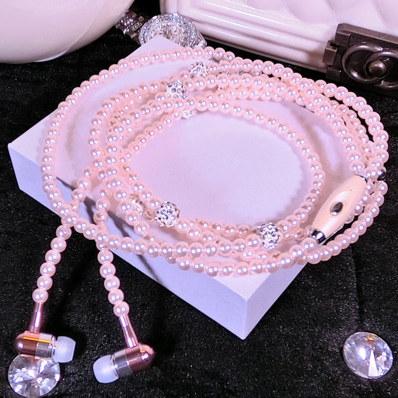 3.5mm In-ear Wired Headphones Pink Magnetic Clasp Necklace Design - Crystal Stereo Sound Built-in Microphone Jewelry Earphones for Girls Ladies Gift Giving - Image 3