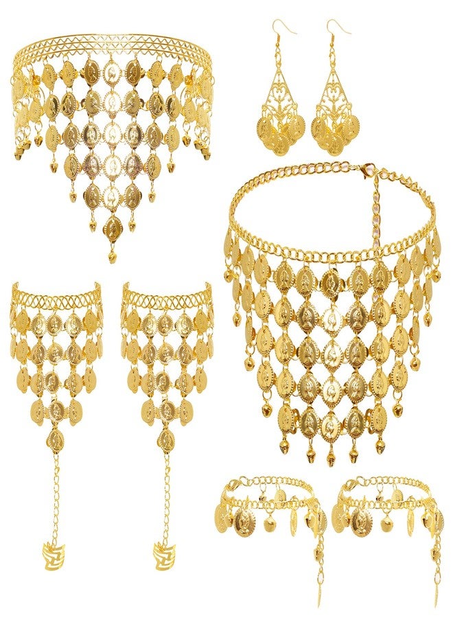 Heliltd 5pcs Belly Dance Jewelry Outfit Set for Woman Head Chain Necklace Earrings Bracelets Anklets Tassel Belly Dancer - Image 1