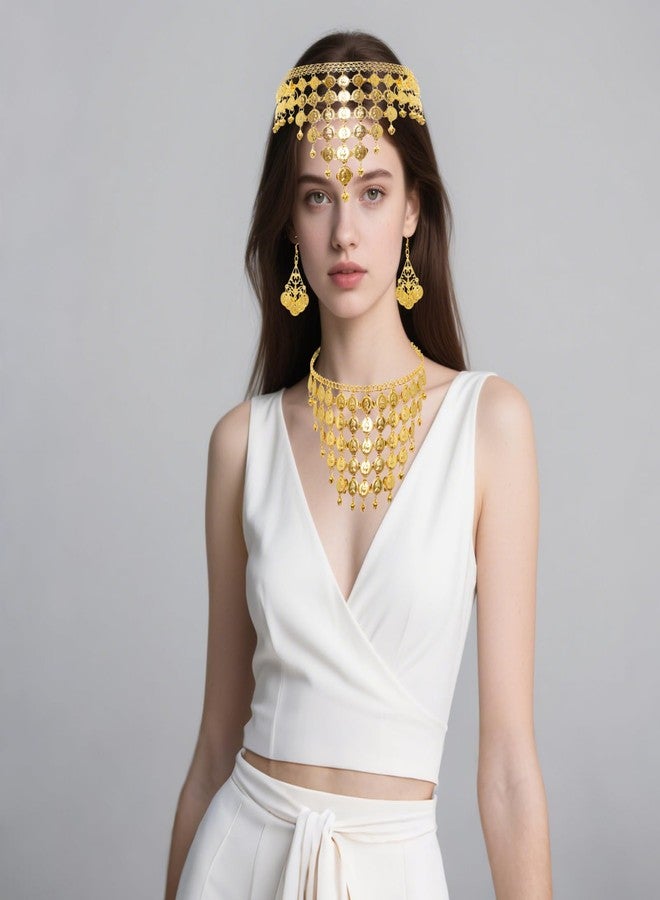 Heliltd 5pcs Belly Dance Jewelry Outfit Set for Woman Head Chain Necklace Earrings Bracelets Anklets Tassel Belly Dancer - Image 4