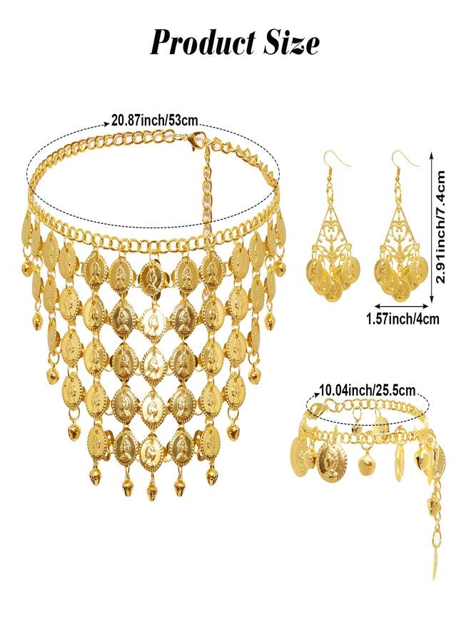Heliltd 5pcs Belly Dance Jewelry Outfit Set for Woman Head Chain Necklace Earrings Bracelets Anklets Tassel Belly Dancer - Image 2
