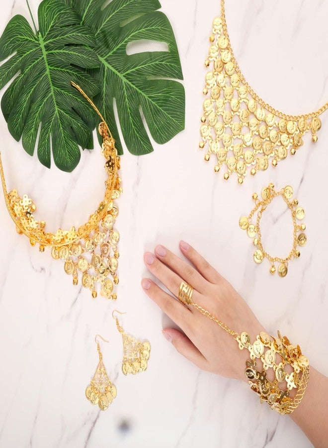 Heliltd 5pcs Belly Dance Jewelry Outfit Set for Woman Head Chain Necklace Earrings Bracelets Anklets Tassel Belly Dancer - Image 5