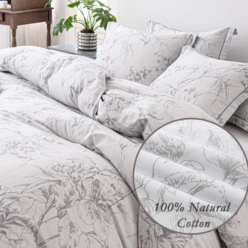 ALEISSEL 100% Natural Cotton 3pcs Floral Duvet Cover Sets-Grayish White Duvet Cover with Gray Luxurious Flowers & Branches Pattern,Botanical Comforter Cover Sets with Button Closure(King,Botanical - Image 3
