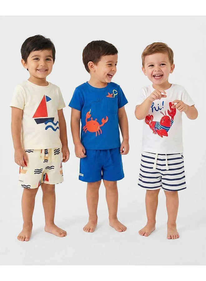 Bonfino Bonfino 100% Cotton Nautical/Sea Creatures Printed Short Pajama Set (Pack of 3) - Yellow/Blue/White