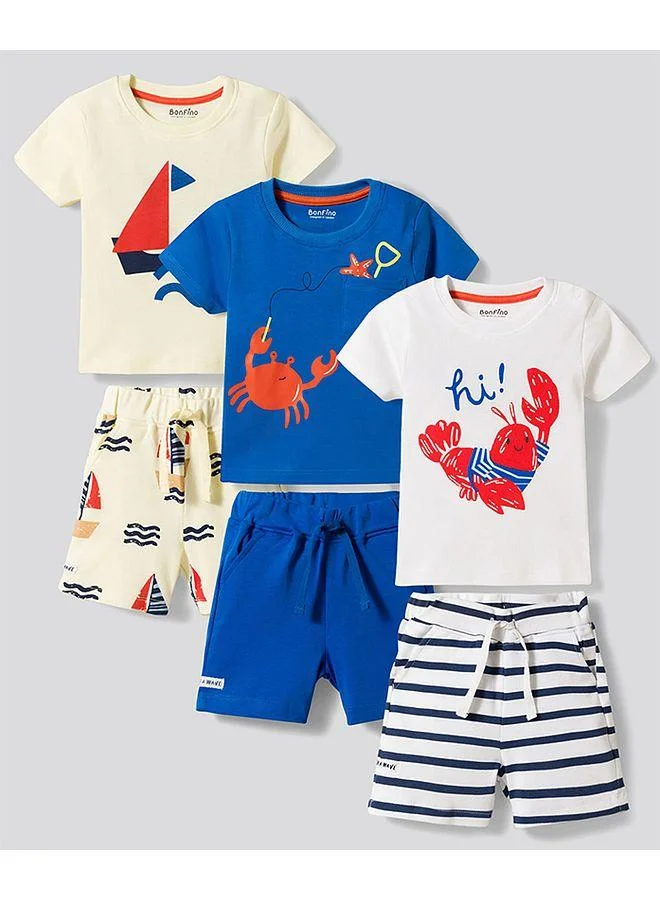 Bonfino Bonfino 100% Cotton Nautical/Sea Creatures Printed Short Pajama Set (Pack of 3) - Yellow/Blue/White