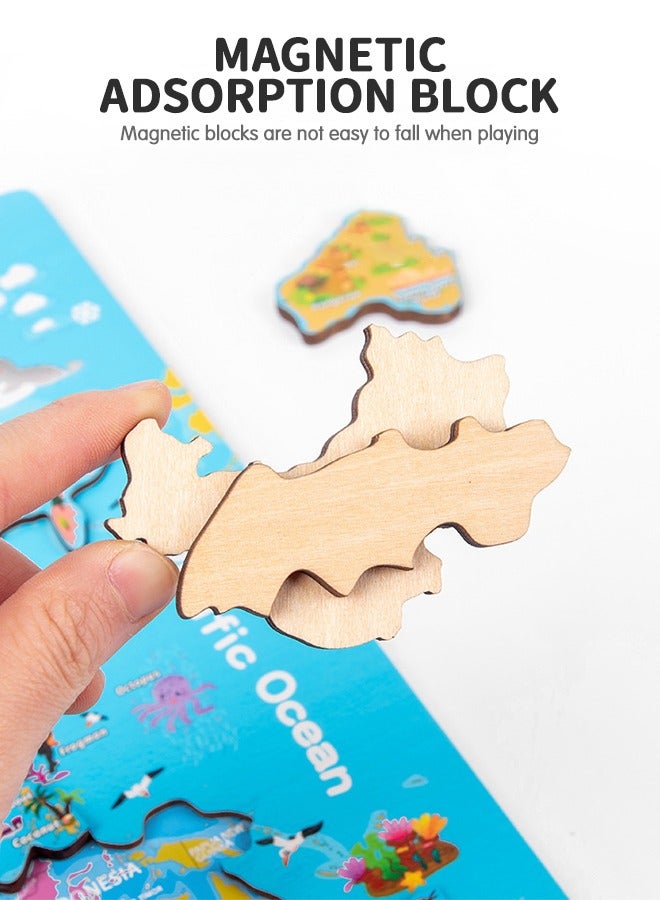 GROIC Genuine Magnetic Wooden World Map Puzzle,World Map Jigsaw Puzzle, 92 Country Flash Cards,National Flags Introduction,Preschool Learning Education Geography Toy - Image 3