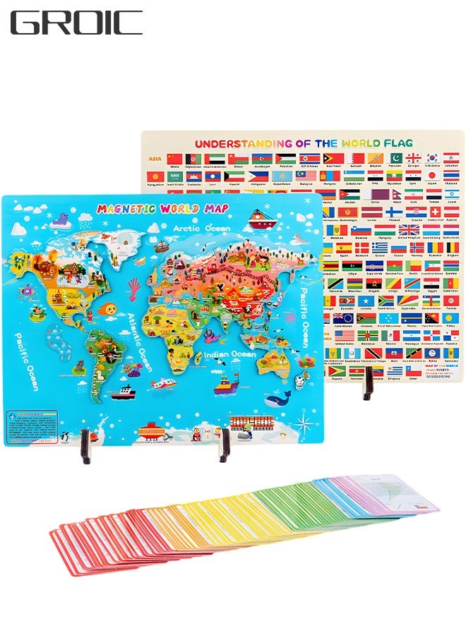 GROIC Genuine Magnetic Wooden World Map Puzzle,World Map Jigsaw Puzzle, 92 Country Flash Cards,National Flags Introduction,Preschool Learning Education Geography Toy - Image 1