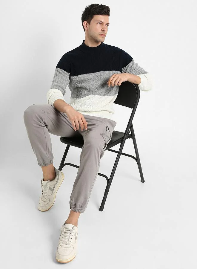 Dennis Lingo Textured Knit Color Block Sweater by Styli