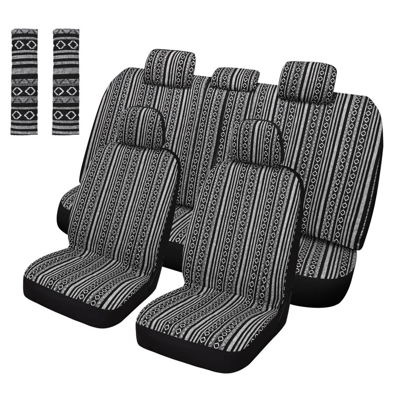 Pariitadin Baja Saddle Blanket Car Seat Covers Full Set with Seat Belt Pads Washable Breathable Striped Woven Cloth Seat Covers for Cars Universal Fit Most Cars Airbag Compatible BlackWhite