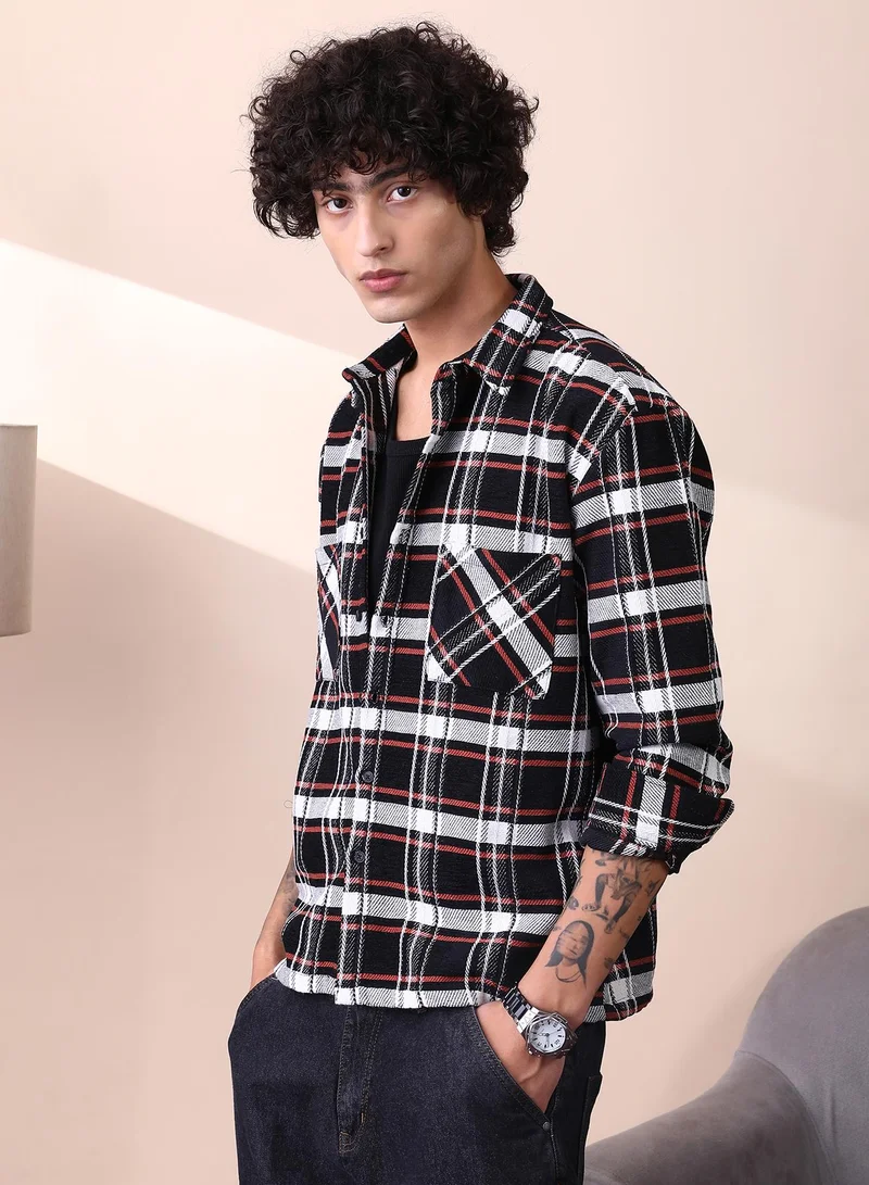 Campus Sutra Campus Sutra Men's Black & White Halo-Check Utility Shacket For Casual Wear | Spread Collar | Long Cuffed Sleeves | Button Closure | Overshirt/Shacket Crafted With Comfort Fit For Everyday Wear