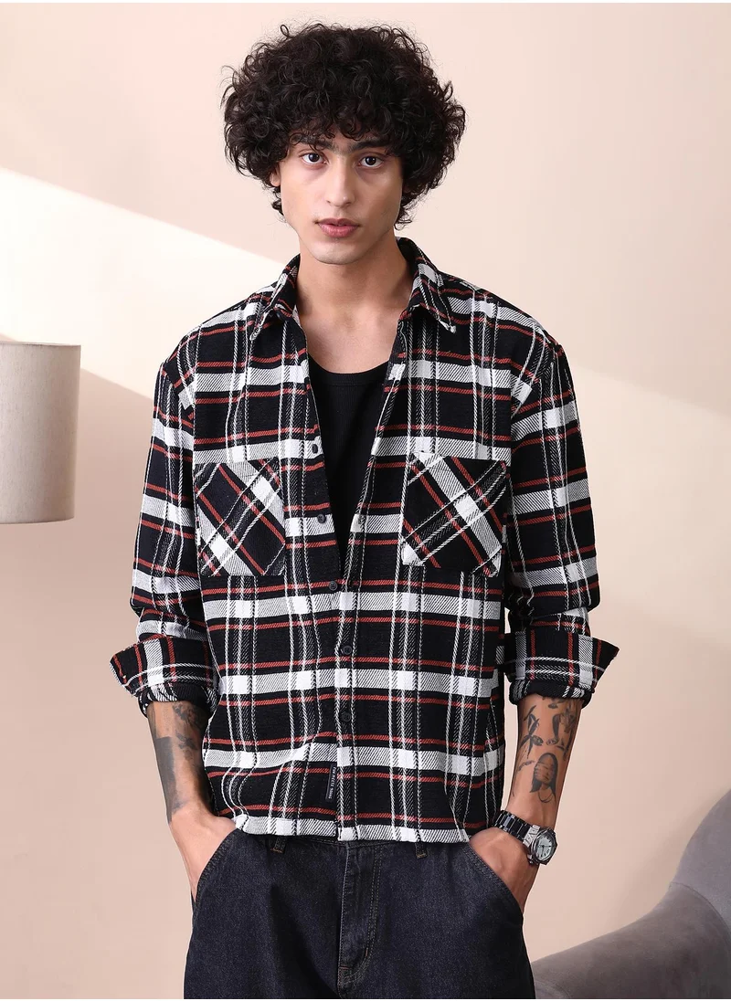 كامبوس سوترا Campus Sutra Men's Black & White Halo-Check Utility Shacket For Casual Wear | Spread Collar | Long Cuffed Sleeves | Button Closure | Overshirt/Shacket Crafted With Comfort Fit For Everyday Wear
