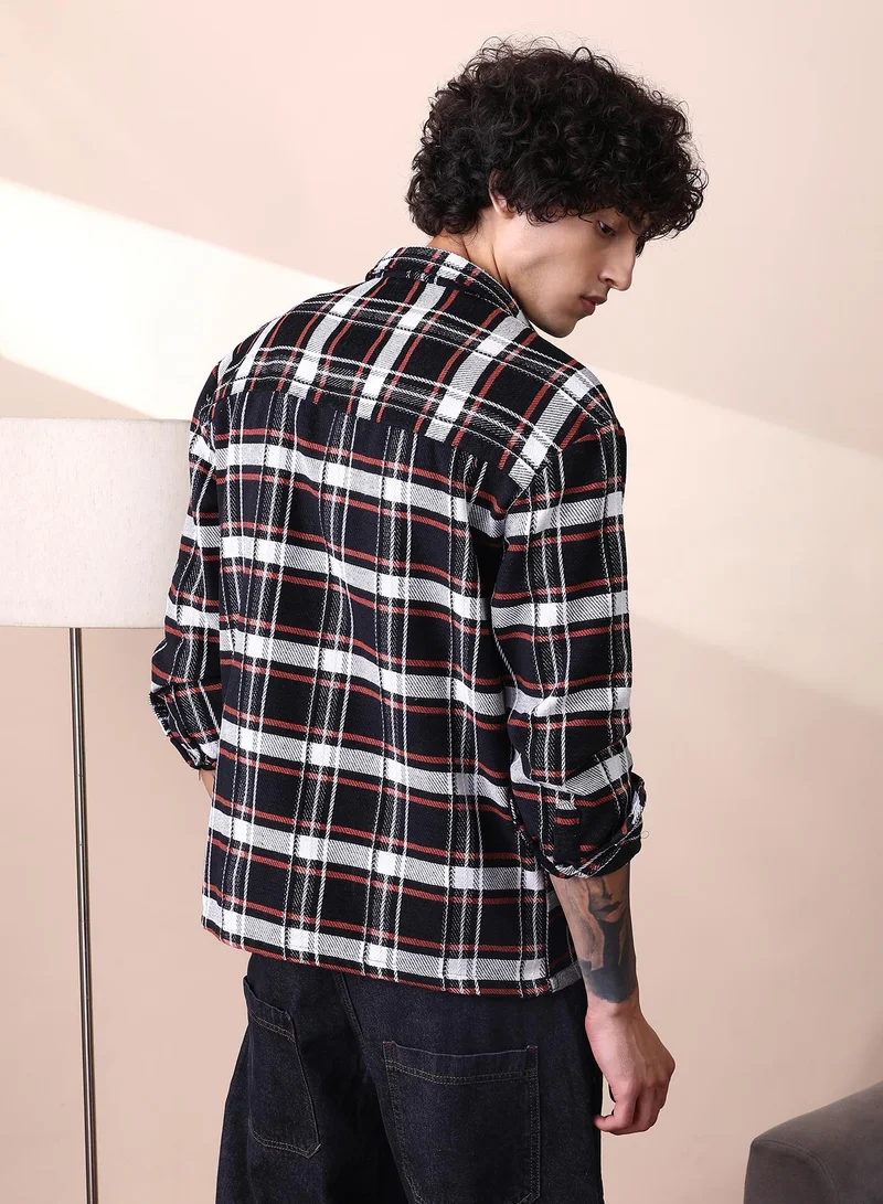 Campus Sutra Campus Sutra Men's Black & White Halo-Check Utility Shacket For Casual Wear | Spread Collar | Long Cuffed Sleeves | Button Closure | Overshirt/Shacket Crafted With Comfort Fit For Everyday Wear