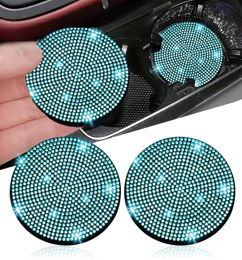 NBTEPEM 2pcs Bling Car Cup Holder Coaster, 2.75 inch Anti-Slip Shockproof Universal Fashion Car Coasters Insert Bling Crystal Rhinestone Automotive Interior Accessories for Women (2 pcs, Aquamrine)