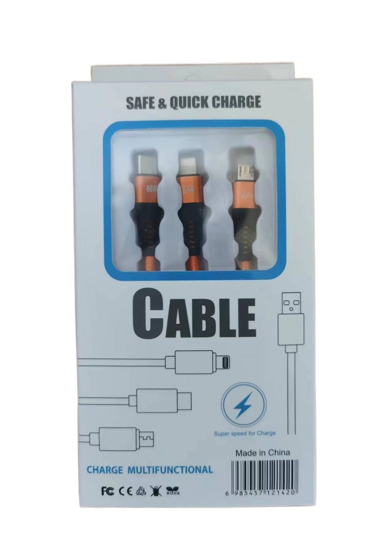 New 3-in-1 Super fast charging data cable gift charging cable multifunctional USB weaving Orange 1.2M - Image 1