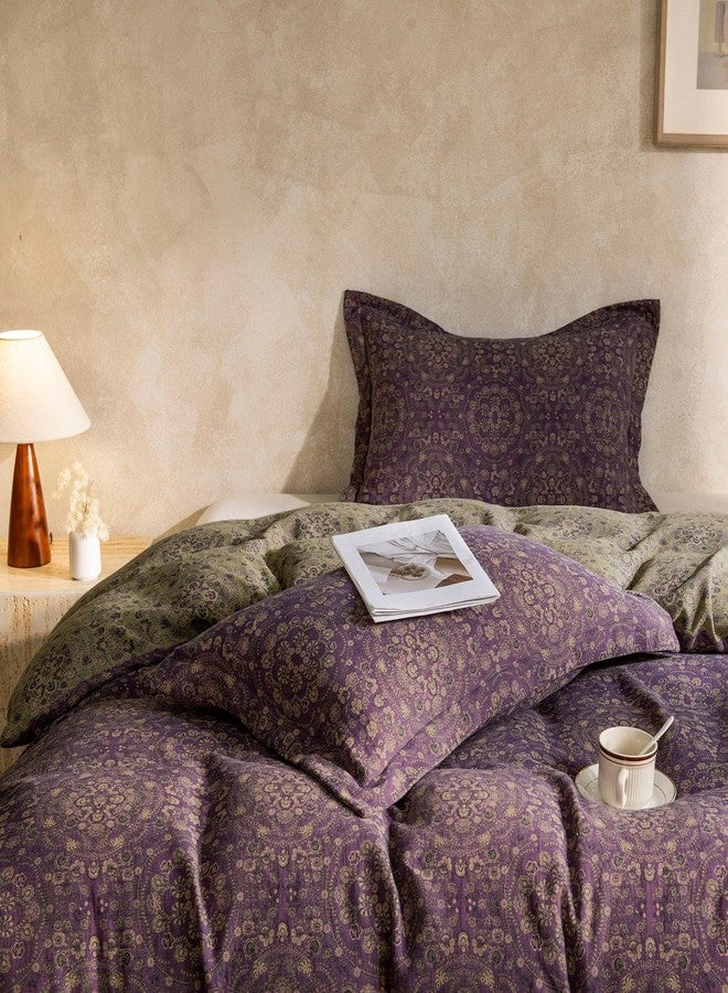EAVD Soft 100% Cotton Muslin Yarn-Dyed Jacquard Textured Duvet Cover Queen Chic Shabby Purple Floral Duvet Cover with Zipper Closure Linen Like Gauze Floral Bedding Set with 2 Pillowcases - Image 4