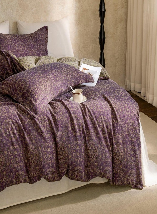 EAVD Soft 100% Cotton Muslin Yarn-Dyed Jacquard Textured Duvet Cover Queen Chic Shabby Purple Floral Duvet Cover with Zipper Closure Linen Like Gauze Floral Bedding Set with 2 Pillowcases - Image 5