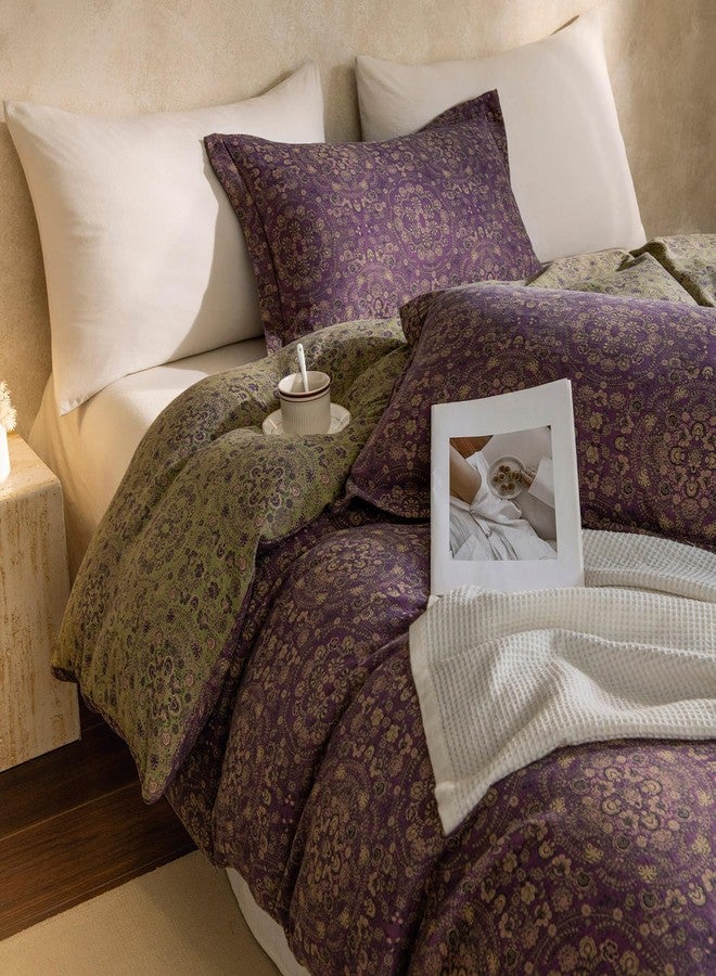 EAVD Soft 100% Cotton Muslin Yarn-Dyed Jacquard Textured Duvet Cover Queen Chic Shabby Purple Floral Duvet Cover with Zipper Closure Linen Like Gauze Floral Bedding Set with 2 Pillowcases - Image 2