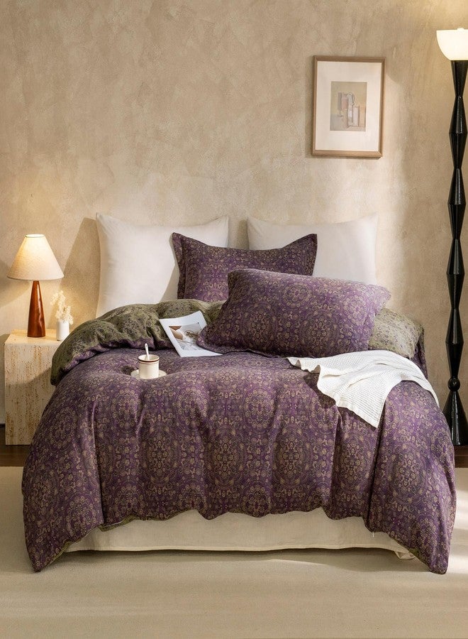 EAVD Soft 100% Cotton Muslin Yarn-Dyed Jacquard Textured Duvet Cover Queen Chic Shabby Purple Floral Duvet Cover with Zipper Closure Linen Like Gauze Floral Bedding Set with 2 Pillowcases - Image 1
