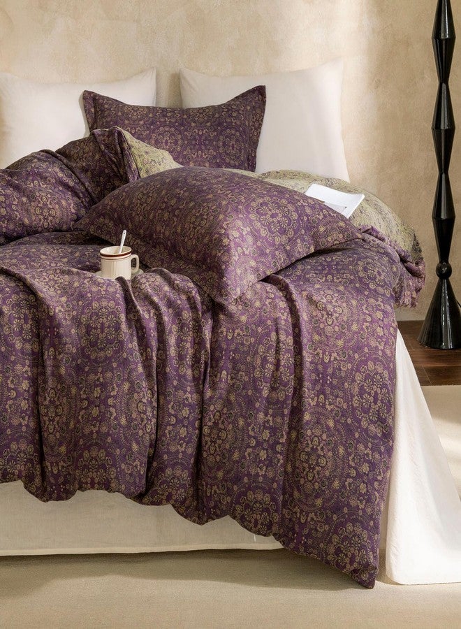 EAVD Soft 100% Cotton Muslin Yarn-Dyed Jacquard Textured Duvet Cover Queen Chic Shabby Purple Floral Duvet Cover with Zipper Closure Linen Like Gauze Floral Bedding Set with 2 Pillowcases - Image 3