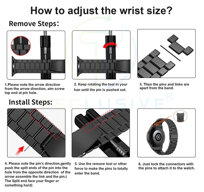 T TECLUSIVE Stainless Steel Metal Strap Chain Band Compatible for Galaxy Watch 6 Classic 5 Pro 4 Classic | Precise Curved Fitting with No Gap (Black) - Image 5