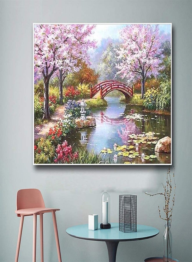 HASTHIP DIY 5D Diamond Painting by Number Kits Full Drill Rhinestone Embroidery Cross Stitch Pictures Arts Craft for Home Wall Decor,Peach Blossom Bridge-11.8x15.8In (Color 1) - Image 2