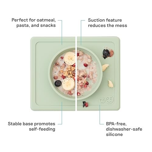 ezpz Mini Bowl for 12 Months+ (Sage) - 100% Silicone Suction Bowl with Built-in Placemat for Toddlers - Comes with a Reusable Travel Bag - Image 2
