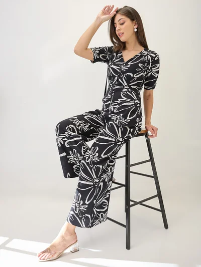 globus Women V-Neck Ruched Sleeves Floral Print Longline Jumpsuit