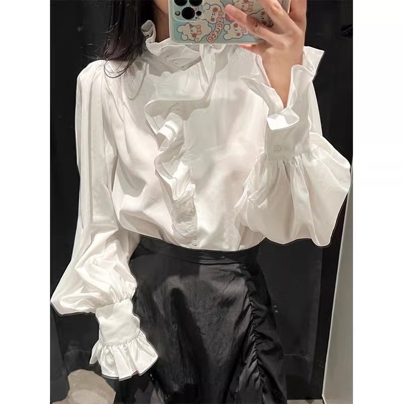 Womens 2025 Spring New Design Niche French Retro Ruffled Stand-Up Collar White Long-Sleeved Shirt Top White 