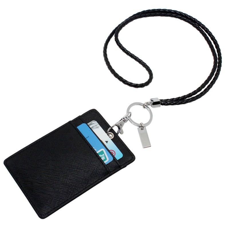 Boshiho Vertical Style Leather ID Card Badge Holder with Keychain Lanyard (Black with Keychain) - Image 2