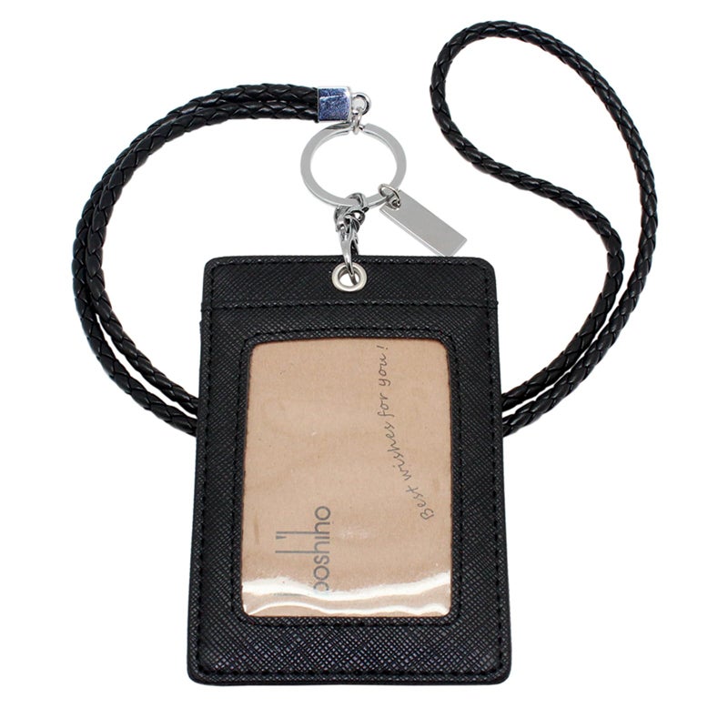 Boshiho Vertical Style Leather ID Card Badge Holder with Keychain Lanyard (Black with Keychain) - Image 1