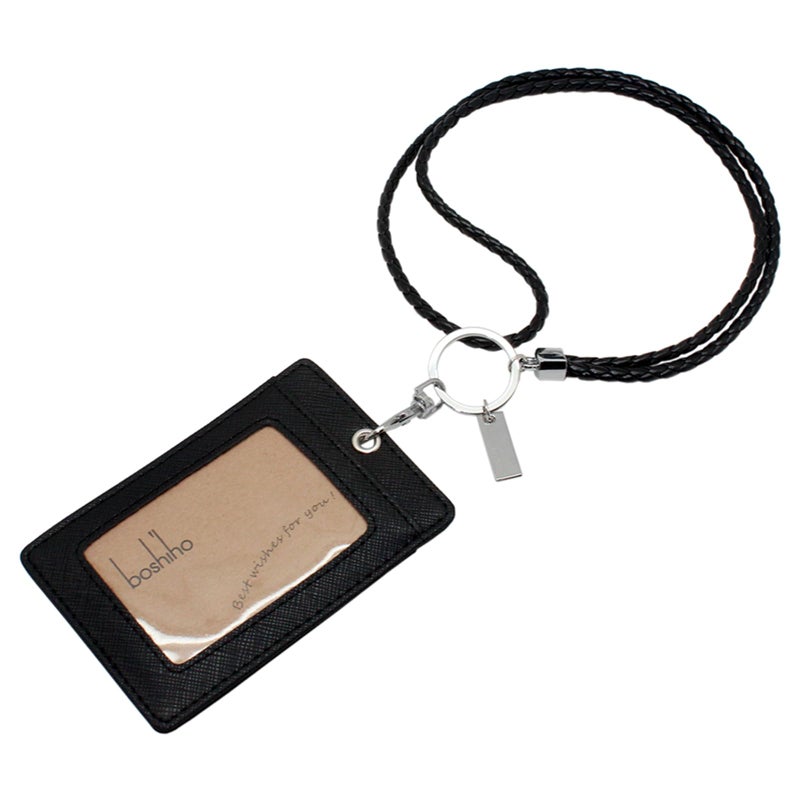 Boshiho Vertical Style Leather ID Card Badge Holder with Keychain Lanyard (Black with Keychain) - Image 3