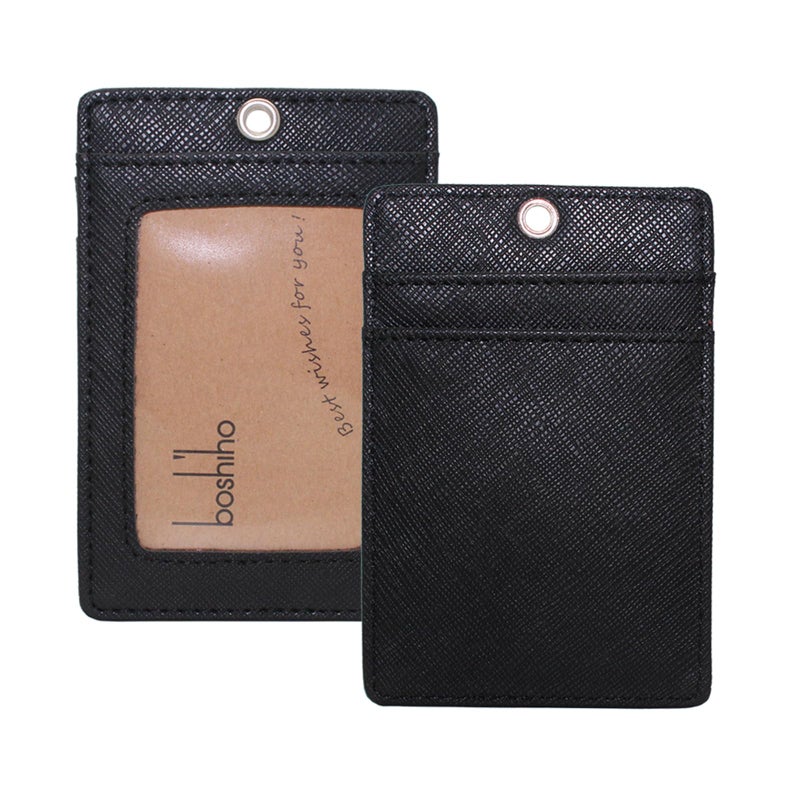 Boshiho Vertical Style Leather ID Card Badge Holder with Keychain Lanyard (Black with Keychain) - Image 4