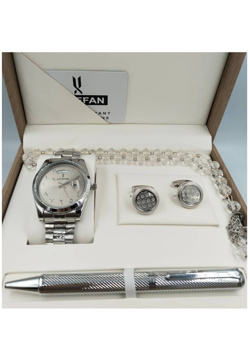 LV LEFAN High-quality, elegant men's watch gift set with Arabic numerals, silver bracelet, and a gray dial with date display.