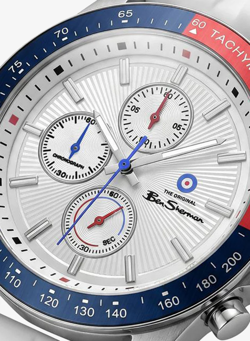 Ben Sherman Winchester Silver Dial White Silicone Strap Chronograph Watch for Men, 43.2mm