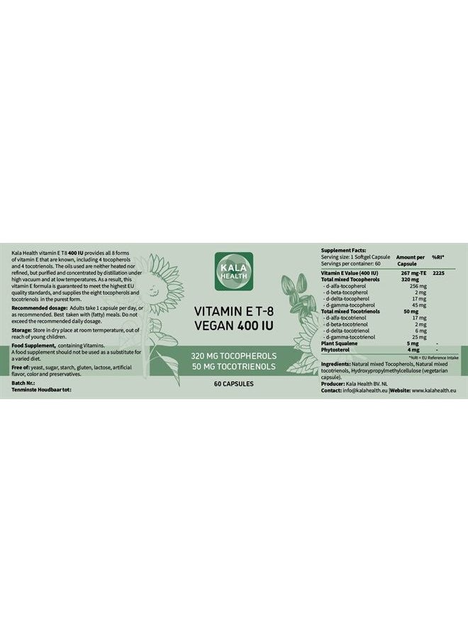 Kala Health - Vitamin E - All 8 Tocopherols + Tocotrienols 400 IU Vegan - Alpha Tocopherol/Tocotrienol + Beta Tocopherol/Tocotrienol + Gamma Tocopherol/Tocotrienol + Delta Tocopherol/Tocotrienol - Image 1