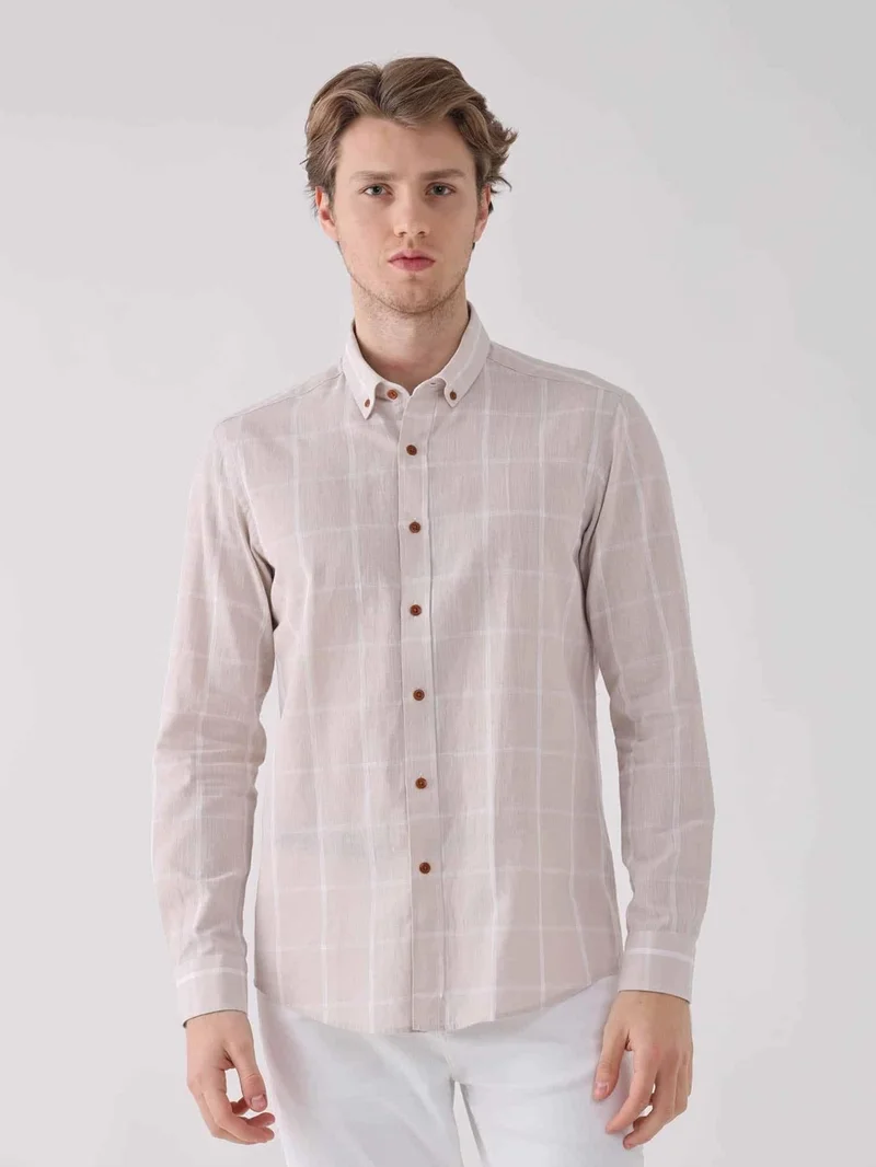 دوفي Beige Men's Slim Fit Brent Button Collar Long Sleeve Shirt