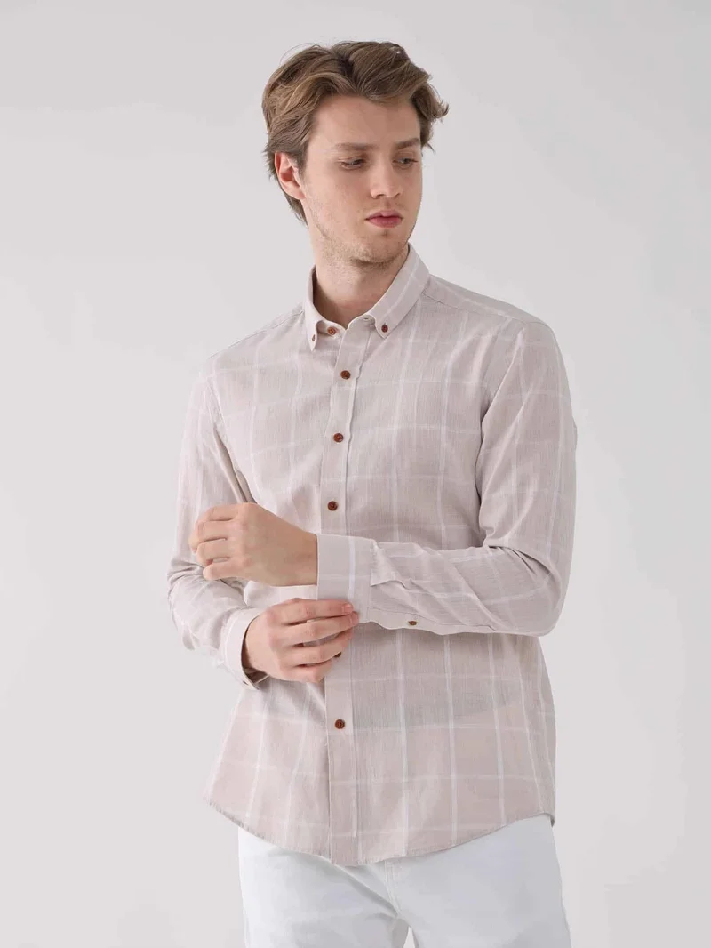 دوفي Beige Men's Slim Fit Brent Button Collar Long Sleeve Shirt