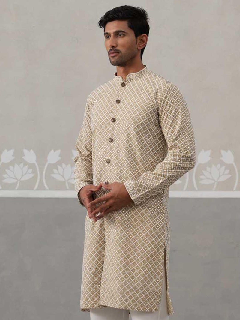 Jompers Sequin Chikankari Front Open Kurta in Beige - Image 4