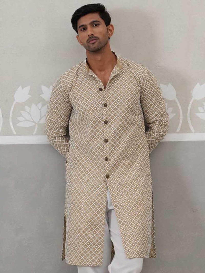 Jompers Sequin Chikankari Front Open Kurta in Beige - Image 5