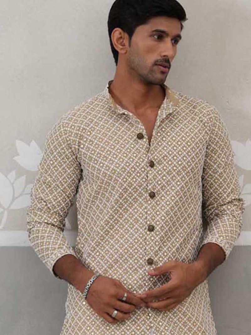 Jompers Sequin Chikankari Front Open Kurta in Beige - Image 2