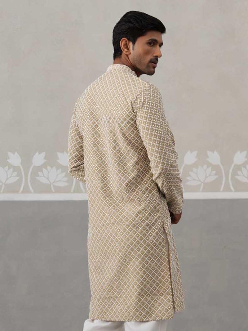Jompers Sequin Chikankari Front Open Kurta in Beige - Image 3