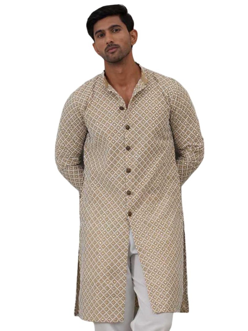Jompers Sequin Chikankari Front Open Kurta in Beige - Image 1