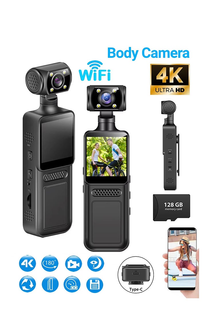 180° Rotating Camera with 128GB Card, Mini Wearable Camera, 1500MAH Battery, Portable Small Personal Video Camera, Sports Action Outdoor Video Recorder, Suitable for Shooting VLOG, Travel - Image 1