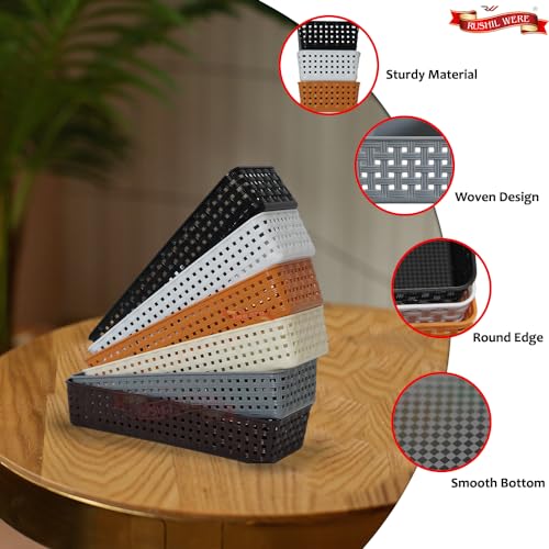RUSHIL WERE Multipurpose Desk Organizer Basket | 1 Free Mobile Pyramid | Storage Basket for Kitchen, Bathroom, Office, Makeup | Multicolour | 23 × 8 × 5 cm | Plastic | Pack of 6 - Image 4
